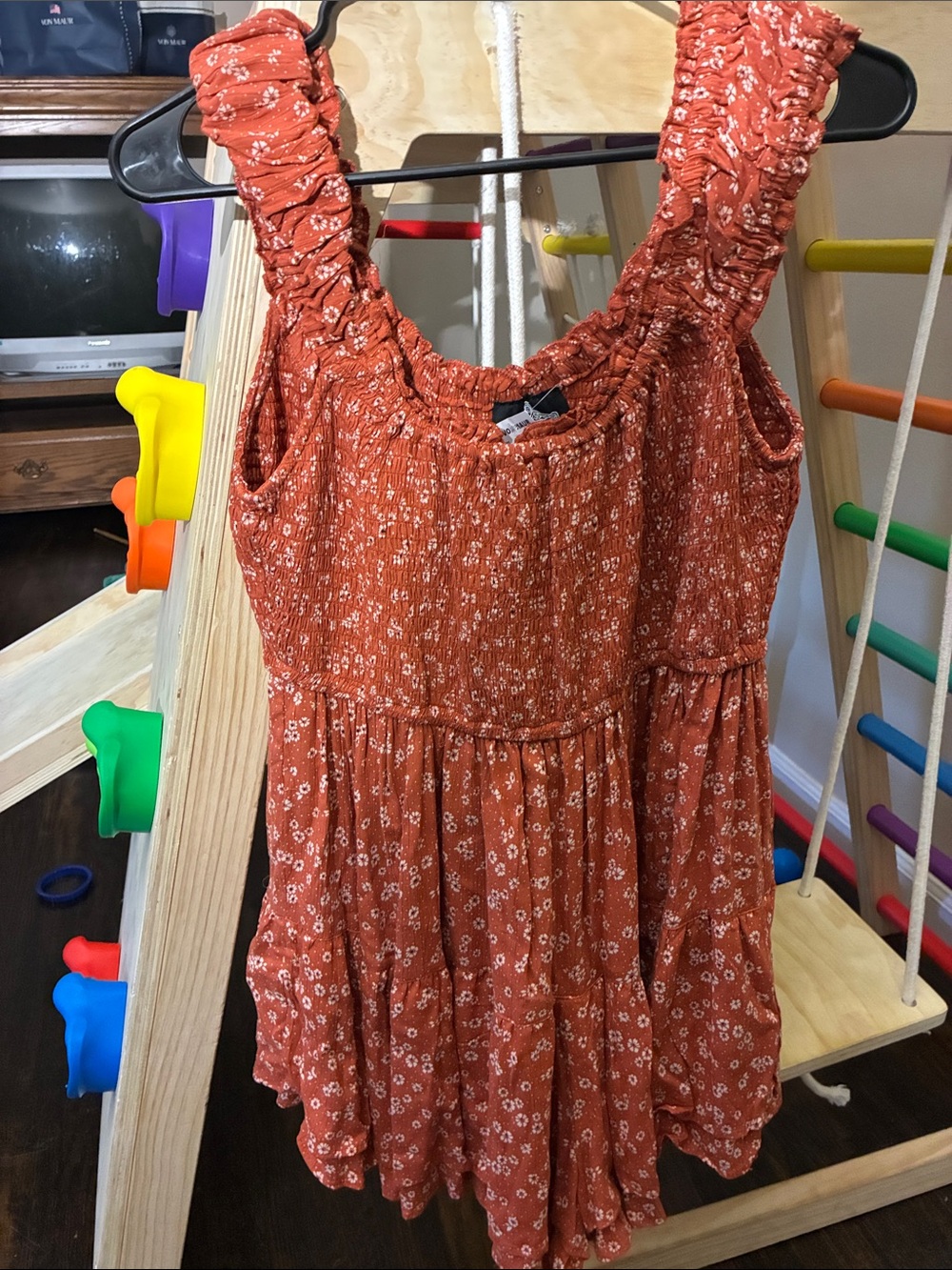 Angie Rust Floral Smocked Romper Dress